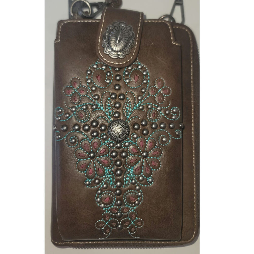 Crossbody Phone Purse Western Turquoise Floral Studded Embroidery Concho Accent